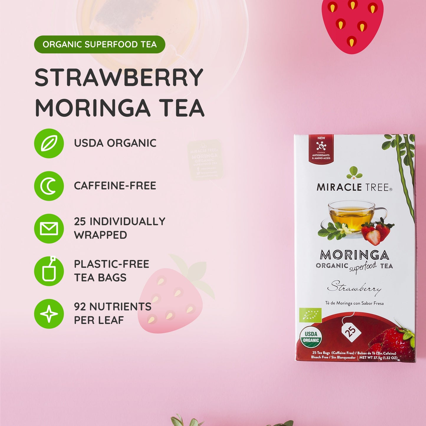 Organic Moringa Tea - Strawberry - Caffeine-Free Herbal Tea