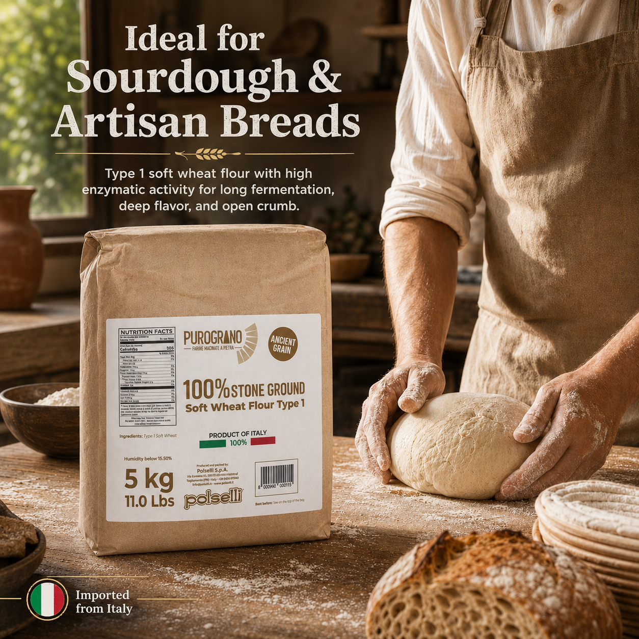 Polselli PuroGrano, Soft Wheat Flour Type 1 – 5kg (11 lb)