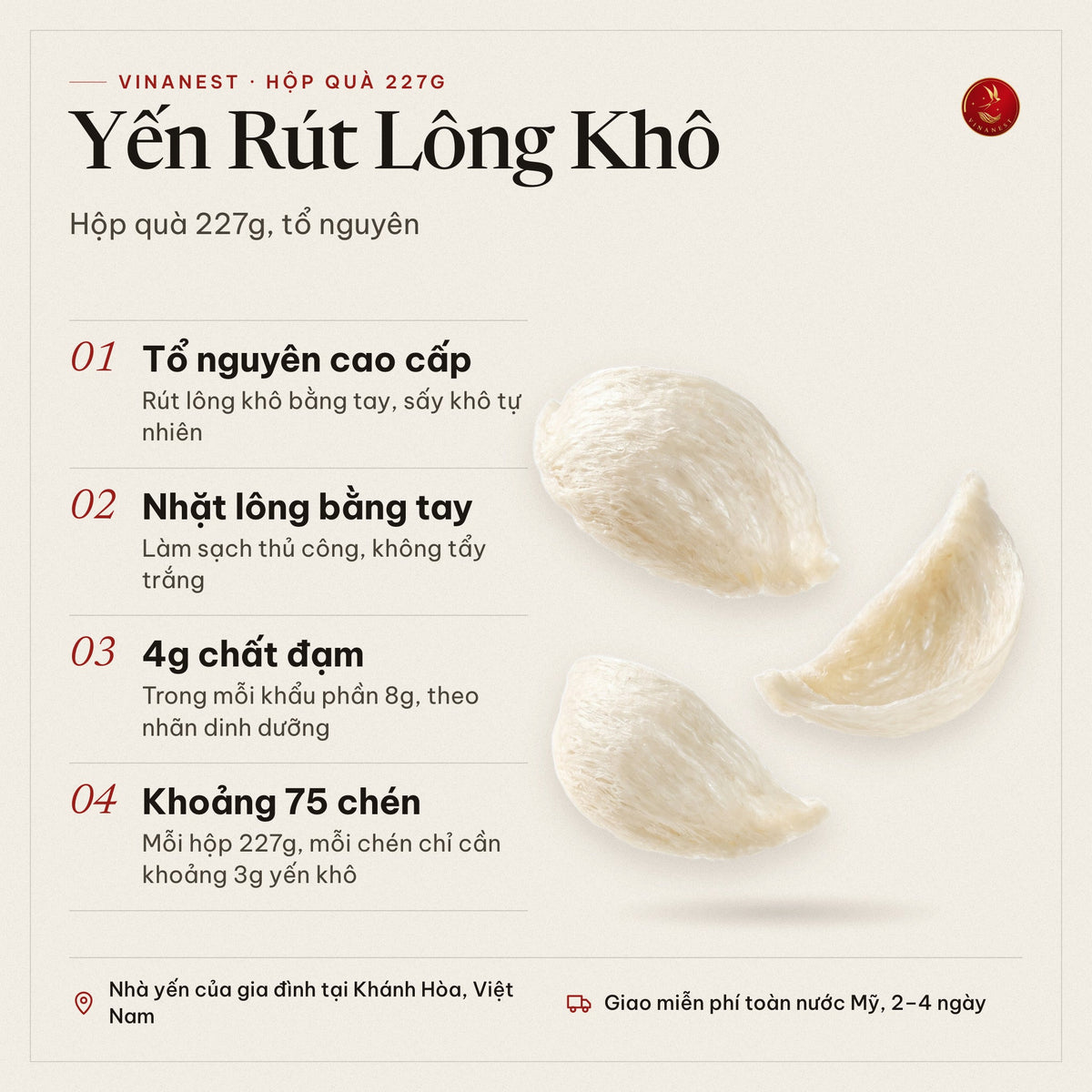 Vinanest Original (Yến Rút Lông Khô) 227GR