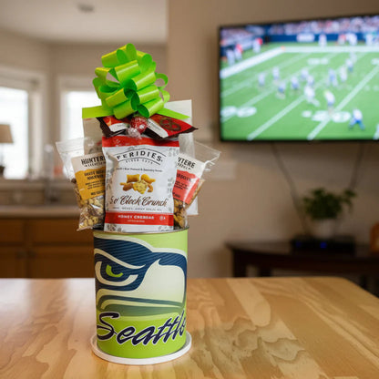 Seattle Seahawks Gift Tin Basket - Savory or Sweet Gourmet Snacks - Officially Licensed NFL