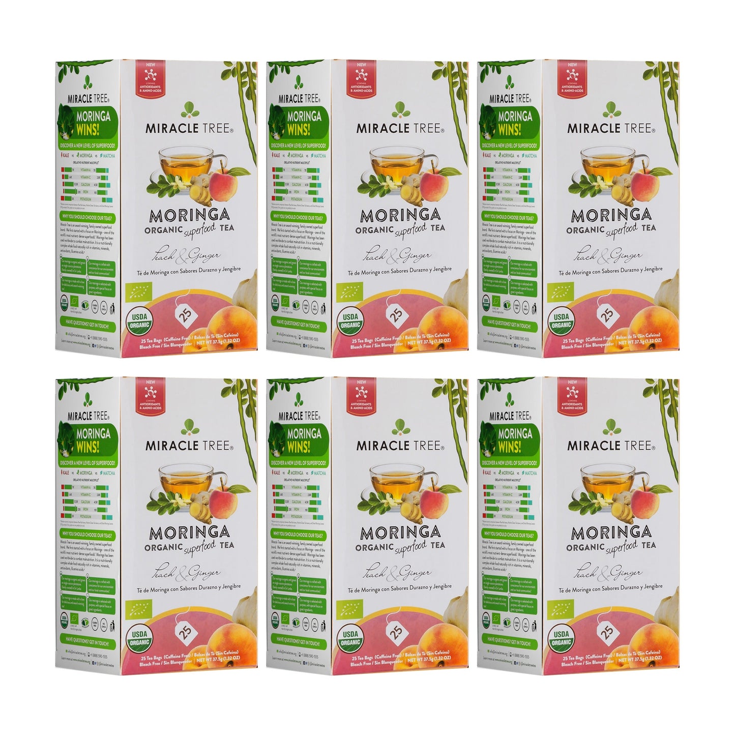 Organic Moringa Tea - Peach & Ginger - Caffeine-Free Herbal Tea