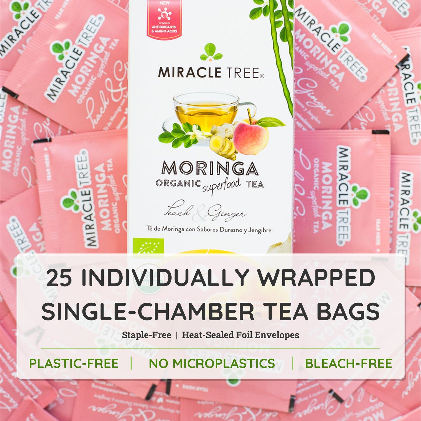 Organic Moringa Tea - Peach & Ginger - Caffeine-Free Herbal Tea