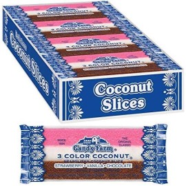 Neapolitan Coconut Slice Candy Bars (Vanilla, Chocolate & Strawberry-striped moist coconut 1.65 Ounce Bars), 24 Count