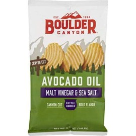 Boulder Canyon Kettle Cooked Potato Chips, Cooked in 100% Avocado Oil, Wavy Canyon Cut, NON-GMO Verified, Gluten Free, Malt Vinegar and Sea Salt, 5.25 Ounce (Pack of 12)