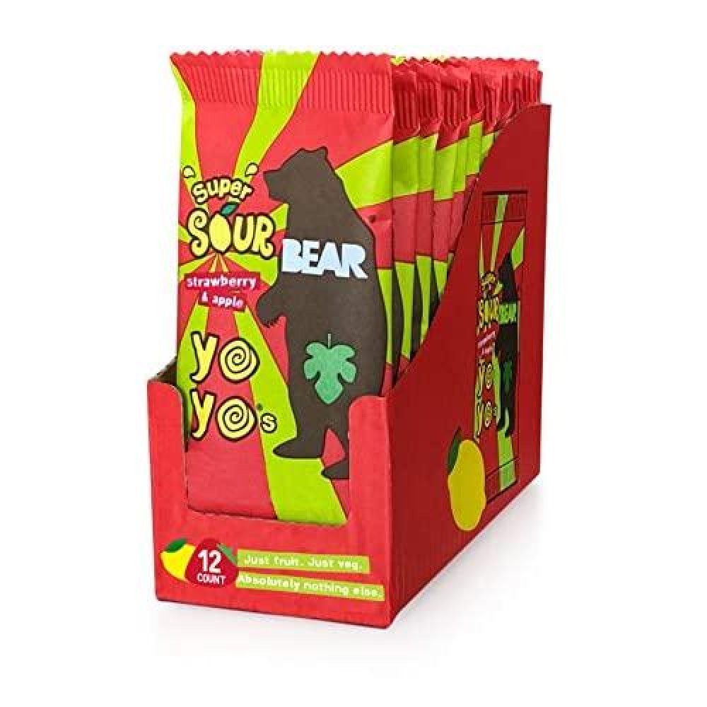 BEAR Sour - Real Fruit Yoyos - Strawberry-Apple, No added Sugar, All Natural, non GMO, Gluten Free, Vegan - Healthy on-the-go snack for kids & adults, 0.7 Ounce (Pack of 12)
