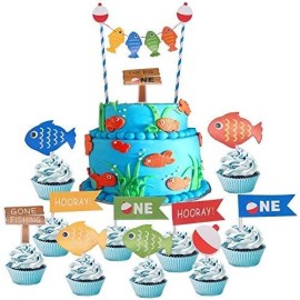 The Big One Cake Topper,Gone Fishing Bobber Cake Cupcake Toppers, Ofishally One 1st Birthday Little Fisherman Party Supplies Decorations 42 Set