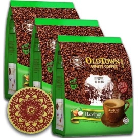 (3-Pack - Hazelnut) OLD TOWN (3 in 1) Hazelnut White coffee Asian Instant coffee coffee Lover Package with a WhalEver Eco Friendly cork coaster coffee Lover Package, oldtown White coffee 45 Packets