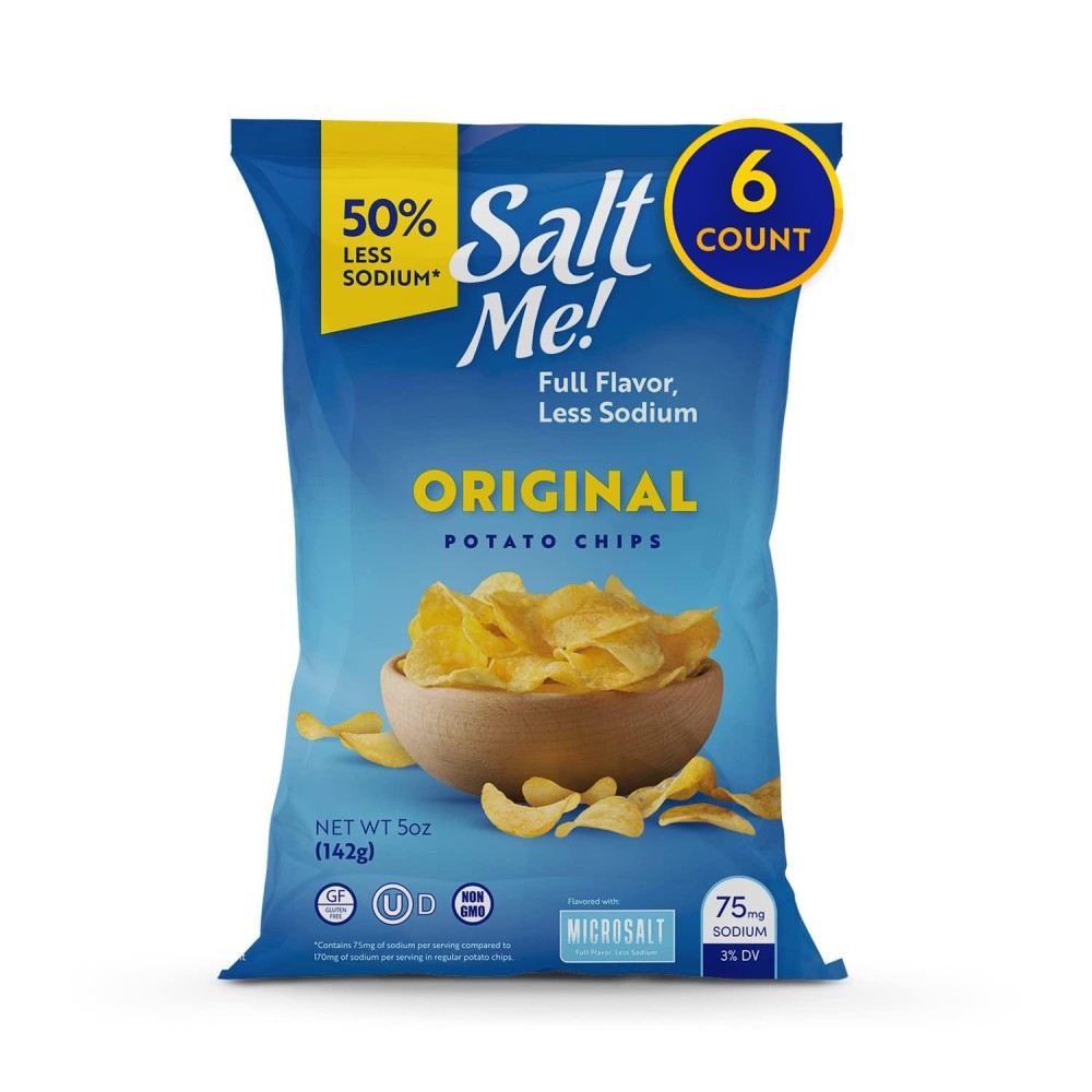 SaltMe Original Better For You Potato chips - 6ct 5oz Bags - 50% Less Sodium, Kosher, Healthier Snack Pack- Best Full Flavor, Non-gMO, gluten Free - Less Sodium, Same Flavor