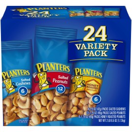 Planters Variety Packs (Salted Cashews, Salted Peanuts & Honey Roasted Peanuts), 24 Packs - Individual Bags Of On-The-Go Nut Snacks - No Cholesterol Or Trans Fats - Source Of Fiber And Healthy Fats
