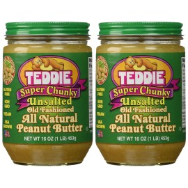 Teddie All Natural Peanut Butter, Super Chunky Unsalted 2Pk, Gluten Free & Vegan, 16 Ounce (Super Chunky Unsalted, Pack Of 2)