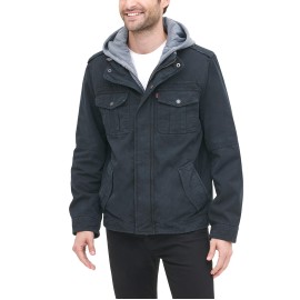 Levis Mens Washed Cotton Hooded Military Jacket, Navy, Xx-Large