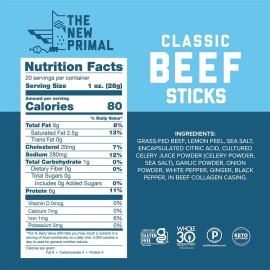 The New Primal Grass-Fed Beef Sticks, No Sugar, Keto, Whole30, Paleo, Gluten Free, 6G Protein, 80 Calories, Pack Of 20