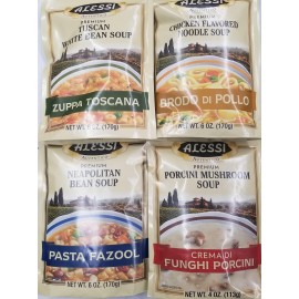 Alessi Athentic Italian Soup Mix 4 Flavor Variety Bundle: (1) Tuscan White Bean Soup, (1) Chicken Flavored Noodle Soup, (1) Porcini Mushroom Soup, And (1) Neapolitan Bean Soup, 4-6 Oz Ea