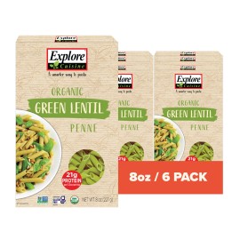 Explore Cuisine Organic Green Lentil Penne - 8 Oz Pack Of 6 - Easy-To-Make Pasta - High In Plant-Based Protein - Non-Gmo Gluten Free Vegan Kosher - 24 Total Servings