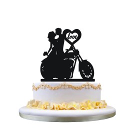 Motorcycle Couple Wedding Cake Topper with love heart