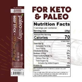 Paleovalley 100% Grass Fed Beef Sticks - Organic Paleo And Keto Snack With Natural Probiotics - 10 Beef Jerky Sticks - Summer Sausage Flavor - No Gluten, Soy, Or Gmos - Shelf Stable - Made In The Usa