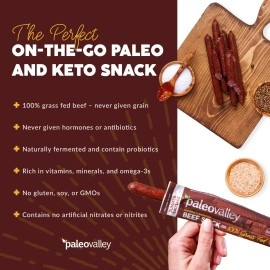 Paleovalley 100% Grass Fed Beef Sticks - Organic Paleo And Keto Snack With Natural Probiotics - 10 Beef Jerky Sticks - Summer Sausage Flavor - No Gluten, Soy, Or Gmos - Shelf Stable - Made In The Usa