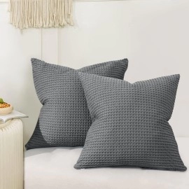 Phf 100 Cotton Waffle Weave Euro Shams Pillow Covers 26 X 26, No Insert, 2 Pack Elegant Home Decorative Euro Throw Pillow Covers For Bed Couch Sofa, Charcoal Grey