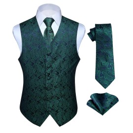 Hisdern Mens Classic Suit Vest Tie Set Paisley Floral Jacquard Necktie Pocket Square Handkerchief Formal Waistcoat For Wedding Prom Or Tuxedo Green Navy
