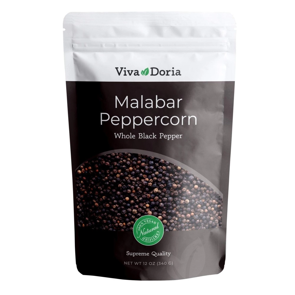 Viva Doria Malabar Black Peppercorns, Whole Black Pepper, Black Peppercorn For Grinder Refills, 12 Ounces