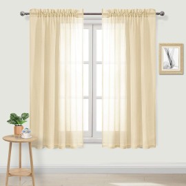 Dwcn Beige Sheer Curtains Semi Transparent Voile Rod Pocket Curtains For Bedroom And Living Room, 52 X 63 Inches Long, Set Of 2 Panels