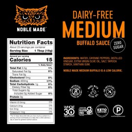 Noble Made By The New Primal Medium Buffalo Dipping And Wing Sauce - 12.5 Oz Bottle - Medium Buffalo Sauce - Whole30 Approved, Certified Paleo, Dairy-Free, And Gluten-Free Sauce With 0G Of Sugar