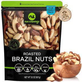Brazil Nuts Roasted Unsalted - No Shell, Whole (32Oz - 2 Lb) Bulk Nuts Packed Fresh In Resealable Bag - Healthy Protein Food Snack, All Natural, Keto Friendly, Vegan, Kosher