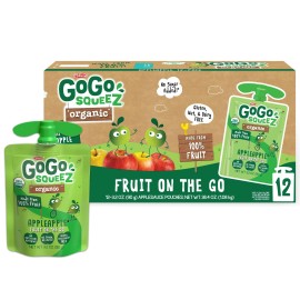 Gogo Squeez Fruit On The Go Organic, Apple Apple, 3.2 Oz (Pack Of 12), Unsweetened Organic Fruit Snacks For Kids, Gluten Free, Nut Free And Dairy Free, Recloseable Cap, Bpa Free Pouches