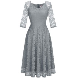 Dressystar Long-Sleeve A-Line Lace Bridesmaid Dress Midi For Wedding Formal Party 3Xl Grey