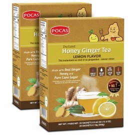 Pocas Honey Ginger Tea - Instant Tea Powder Packets With Lemon Ginger Honey Crystals Tea, Non-Gmogluten Freecaffeine Free Tea, 20 Count (Pack Of 2)