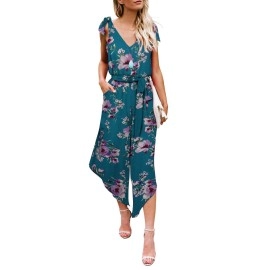Belongsci Women Sleeveless Jumpsuit With Belt V-Neck Wide Leg Long (Light Blue Floral, Xl)