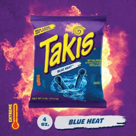Takis Blue Heat Rolled Tortilla Chips, Hot Chili Pepper Artificially Flavored, 4 Ounce Bag