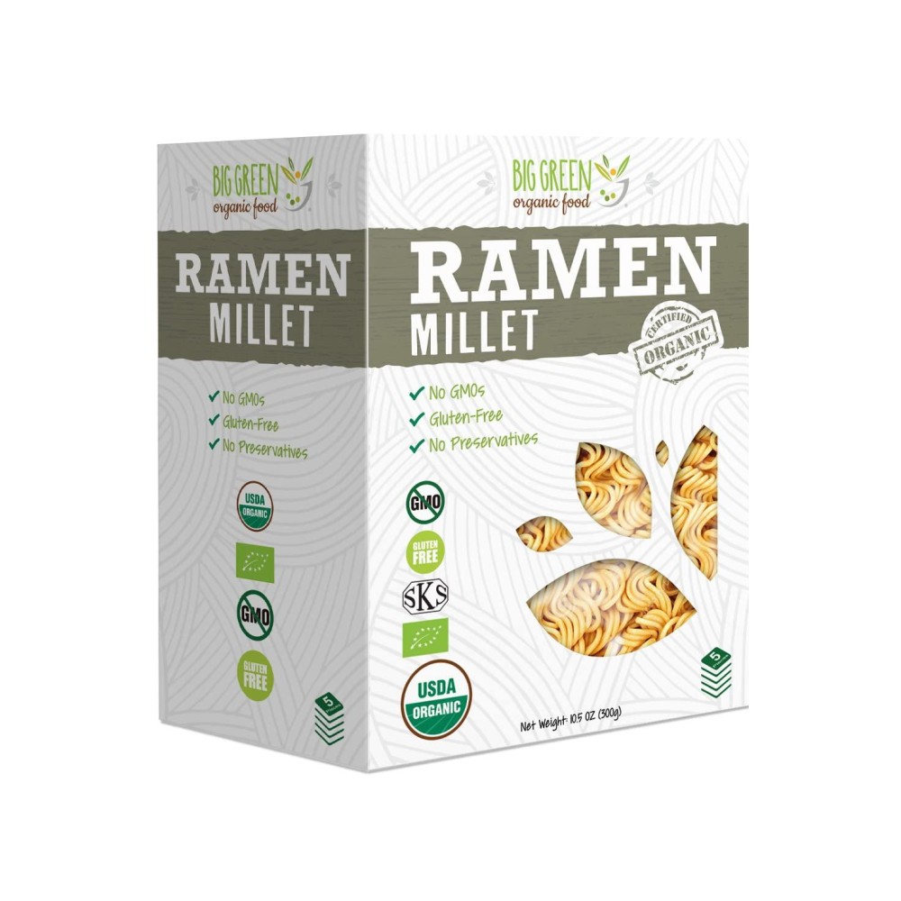 Big Green Organic Food- Organic Millet Ramen, Gluten-Free, Lectin-Free, Non-Gmo, Vegan, 6G Of Protein, Wheat And Rice Alternative, 25.3 Oz