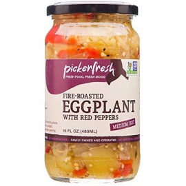 Pickerfresh Fire Roasted Eggplant With Red Peppers - Medium Hot Spread For Sandwiches Hamburgers & Crackers - Simple Ingredients - Non-Gmo No Artificial Color & Preservatives - 16 Oz