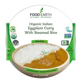 Food Earth - Eggplant Curry With Steamed Rice Meal - Ready To Eat Indian Cuisine - Organic, Gluten-Free, Gmo-Free - Healthy Microwavable Meals - Pre-Packaged Indian Food - Pack Of 6