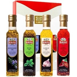 Basso, Garlic, Rosemary, Basil, Chili Pepper, 4 bottles x 8.5 fl.oz (250ml), Naturally Infused Flavored Extra Virgin Olive Oil for Dipping & Tasting, 4 pk Gift Set (Gift Box Included), All Natural, Great Corporate Gift,