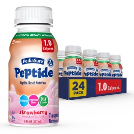 Pediasure Peptide 10 Cal, 24 Count, Complete, Balanced Nutrition For Kids With Gi Conditions, Peptide-Based Formula, 7G Protein And Prebiotics, For Oral Or Tube Feeding, Strawberry, 8-Fl-Oz Bottle