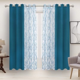 Bonzer Mix And Match Curtains - 2 Pieces Branch Print Sheer Curtains And 2 Pieces Blackout Curtains For Bedroom Living Room Grommet Window Drapes, 37X63 Inchpanel, Teal, Set Of 4 Panels