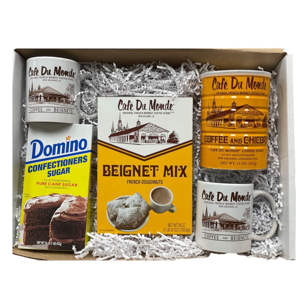 Cafe Du Monde Beignet And Coffee Gift Box - Indulge And Experience The Best Of New Orleans. Authentic New Orleans Beignets & Coffee From Cafe Du Monde - Gift Box Includes Mix, Chicory Blend, And 2 Mugs
