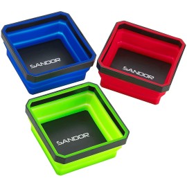 Collapsible Magnetic Parts Tray Set - (Pack Of 3) Tool Trays For Screw, Bolts, Nuts, Washers, Pins And Other Small Metal Parts - 425 Inch Square - Red, Blue, And Green