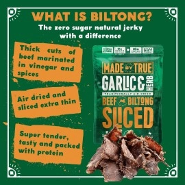 Made By True Beef Sliced Bites Garlic & Herb (8 Ounce, Pack Of 1) - All Natural, Zero-Sugar True Jerky Biltong - High Protein, Keto, Paleo & Whole 30 Diet - Sugar-Free, Gluten-Free, Carb-Free