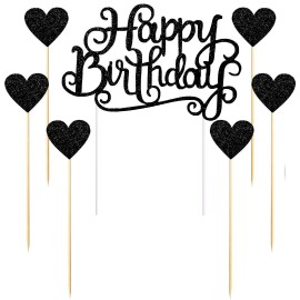 Palasasa Happy Birthday Cake Toppers Gold Glitter LettersHappy BirthdayAnd Love Star,Party Decor Decorations,Set Of 7 (Black)