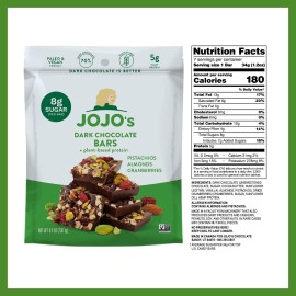 JOJO's Dark Chocolate Bars Pistachios Almonds Cranberries + Plant-Based Protein, Low Sugar, Low Carb, Vegan, Paleo Friendly, Healthy Snack, 8.4oz Bags, 2 Count (14 Bars)
