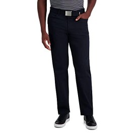 Haggar Mens Iron Free Premium Khaki Straight Fit Flat Front Flex Waist Casual Pant, Black Onyx, 33 X 32