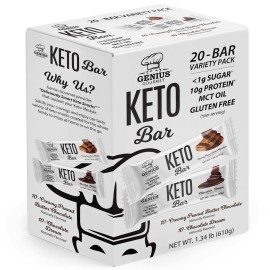 Genius Gourmet Gluten Free Keto Protein Bar, Chocolate Keto Bars, Premium MCTs, Low Carb, Low Sugar (Variety Pack, 20 Count (Pack of 1))