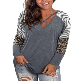 Plus Size Tops For Women Long Sleeve Sexy V Neck Criss Cross T-Shirts Casual Loose Cotton Tees Tunic Shirts