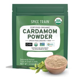 Spice Train, Organic Cardamom Powder (100G3.53Oz) Usda Organic, Non-Gmo & 100% Raw Ground Cardamom (Elaichi) Cardamom Ground For Cooking, Smoothies, Lattes & Masala Tea Resealable Zip Lock Pouch