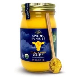 Spring Sunrise Organic Grass Fed Cultured Ghee Butter - Usda Certified Organic Clarified Butter - Paleo, Keto Friendly, Non-Gmo, Gluten, & Lactose Free Cooking Oil - Sustainably Sourced (16Oz Jar)
