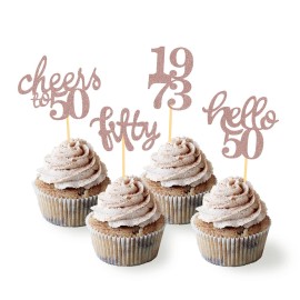 24 Pcs Glitter 50Th Birthday Cupcake Toppers For Celebrating Fifty Years Old Birthday Party Decorations (Rose Gold)