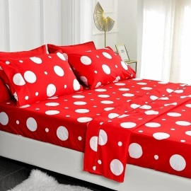 American Home Collection 6 Piece Print Bedding Sheets & Pillowcases Set Brushed Microfiber Wrinkle Free 14 Inches Deep Pocket Patterned Sheets (Full, Red Polka Dot)